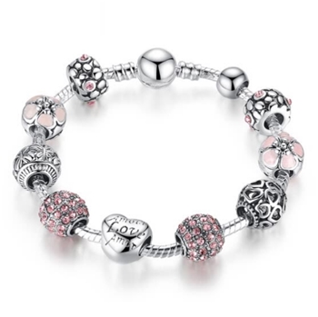 Baffin Antique Silver Charm Beads Bracelet & Bangle with Love and Flower Crystal Ball 